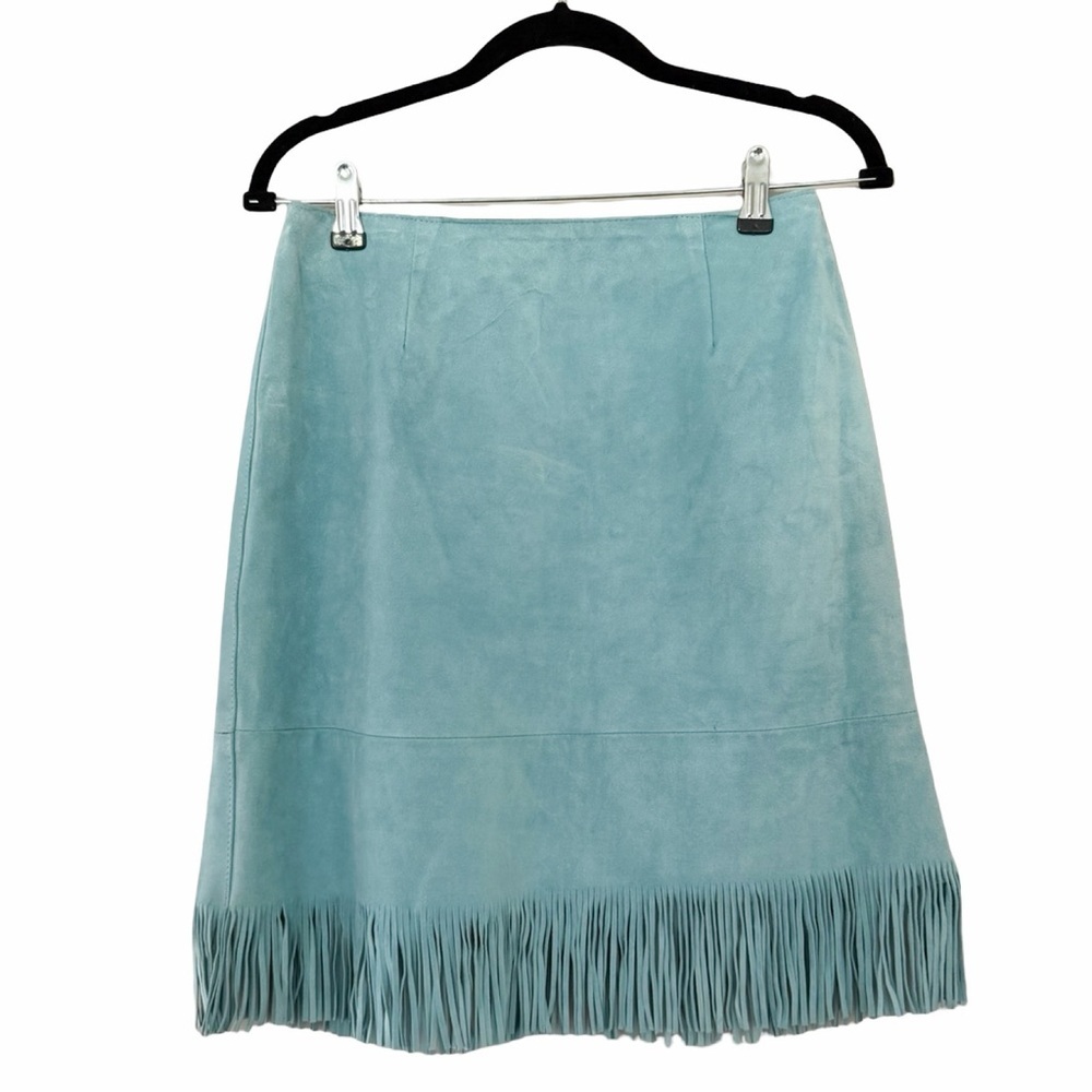 VINTAGE Women's Cuir Zebra Light Blue Fringe Boho Leather Skirt Sz L - Picture 2 of 5